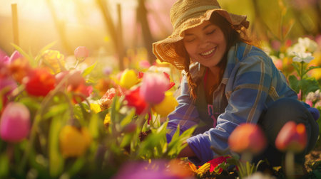 The picture of the woman that has been planting the various type of the flower, the planting require skill like plant knowledge, experience, seasonal timing, care and monitoring and management. AIG43.の素材