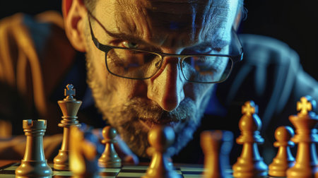 The picture of the chess player focus on the chess board game and thinking the next move on the board, the chess game require strategic planning skill, calculation ability and time management. AIG43.の素材