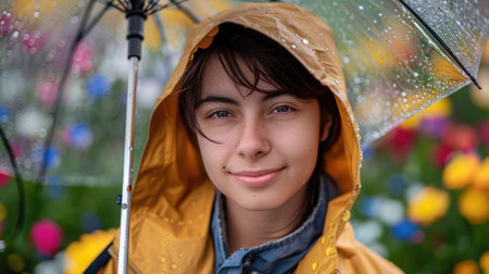 The picture of the smiling person wearing the raincoat and holding the umbrella for protection from the rain weather and also surrounded with colourful flower yet umbrella got wet from rain. AIG43.の素材