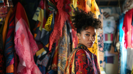 The picture of the dress designer in the studio that has been filled with many the colourful dress on the model, the designer require skills like fabric knowledge, creativity, fashion trends. AIG43.の素材