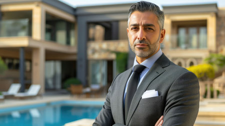 The picture of the middle eastern rich handsome smart person is standing in front of the luxury building, the rich person require skills like the financial management and business knowledge. AIG43.の素材