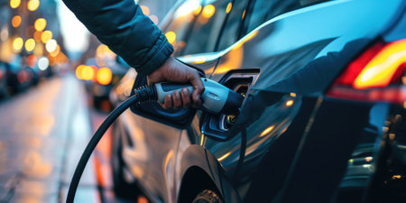 A picture about the electric vehicle that has been charging at the charging station and has been connected with the charger that has been connecting to the electric vehicle to become new tech. AIGX01.の素材