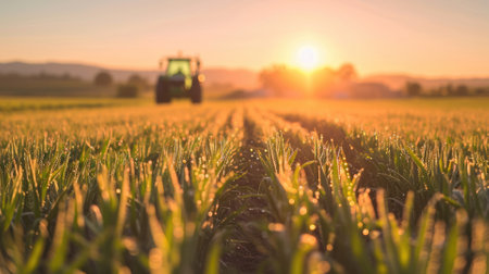 An early morning farmers field, dew on crops, sunrise casting a golden glow, tranquil and fertile landscape. Resplendent.の素材