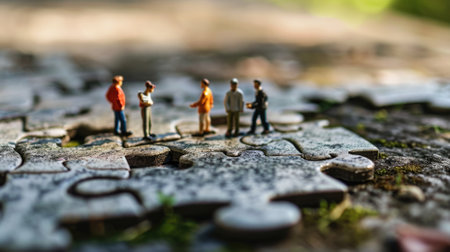 The miniature varies group of employed people that standing still on the uncompleted jigsaw board trying to work together to find the solution for the problem that they talking to each other. AIGX03.の素材
