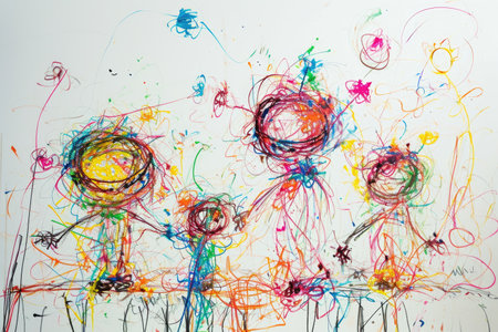 The hand drawing colourful picture of the group of the human family that has been drawn by the colored pencil, crayon or color chalk on the white background that seem to be drawn by the child. AIGX01.の素材