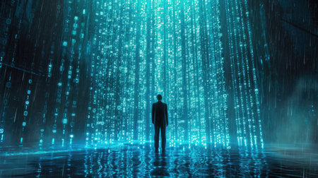 The picture of the single person that has been walking into the endless walkway that has been raining with the digital matrix green binary rain of code that seem like person search something. AIGX01.の素材