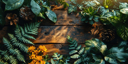 The picture of nature that focused to the green leaf from tree in the forrest that stay on ground and got illuminated with bright light of a sunlight in the summer or spring time of the year. AIGX03.の素材