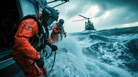 A coastguard speedboat cuts through the waves at high speed during a rescue operation, showcasing urgency and precision. AIG41の素材