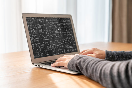Mathematic equations and modish formula on computer screen showing concept of science and education