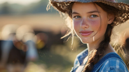The close up picture of the caucasian farmer female looking at the camera in the farm, the farmer require skill like the crop and livestock management, financial management and risk management. AIG43.の素材