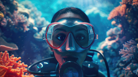 The picture of the diver is diving in the sea or ocean and wearing goggles and snorkel, the diver require skills like knowledge of the diving equipment and gear, buoyancy control and training. AIG43.の素材