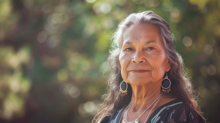 The picture of the american indigenous female standing inside the nature with calm and peaceful, the cultural consultant require skills like the cultural competence and communication skills. AIG43.の素材