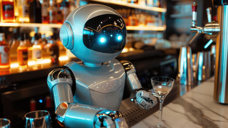 The picture of the robot that working as the bartender at the bar also serving the beverage or cocktails, the bartender require skill ingredient knowledge, menu development and flavor pairing. AIG43.の素材