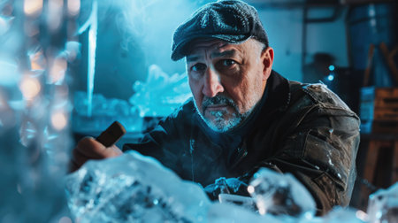 The picture of the ice sculptor holding the tool and equipment for carving the ice block or ice statue in the winter, the ice sculptor require experience in modeling the ice and precision tool. AIG43.の素材