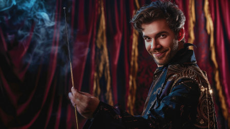 The picture of the smart magician doing the trick with the magic wand in the hand, the wizard is doing entertaining in the circus, the performer is performing the magic show for entertainment. AIG43.の素材