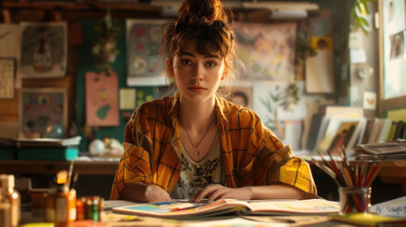 The picture of the childrens book artist is working inside the room that has filled with colourful drawing on wall and blur background, the artist require skill like creative and imagination. AIG43.の素材