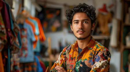 The picture of the hispanic male fashion designer working inside cloth workshop or studio that has been filled with various colorful cloth, the fashion designer require creative and detailed. AIG43.の素材