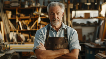 The picture of the senior caucasian male industrial designer working inside his own workshop, the designer require skills like material knowledge, creativity, innovation and design knowledge. AIG43.の素材