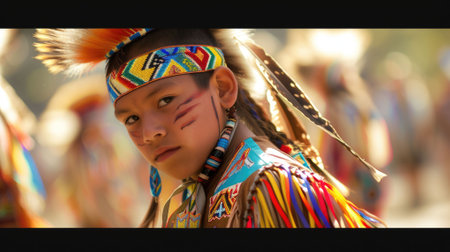 The close up picture of the native american teenage is wearing the costume of traditional dancer with blur background, the traditional dancer require cultural knowledge and dancing technique. AIG43.の素材