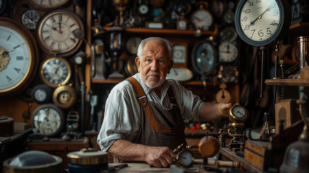 The picture of the adult professional watchmaker working inside workshop that has been filled with various kind of clock and watch, watchmaker need to use concentration and accuracy fix clock. AIG43.の素材