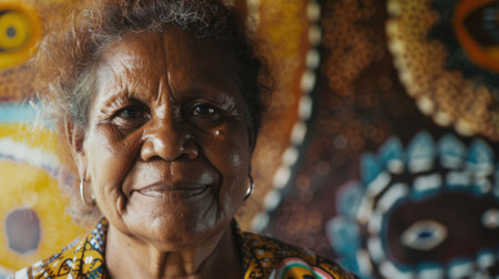 The picture of the australian indigenous female is standing in front of the colourful background and working as community leader, a community leader require communication skill and leadership. AIG43.の素材