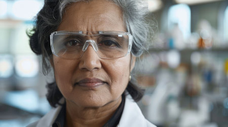 The picture of the senior south asian female pharmaceutical researcher in the laboratory and wearing lab coat and safety glasses, the researcher require the research technique and knowledge. AIG43.の素材