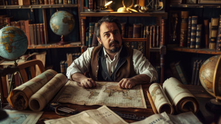 The picture of the cartographer working inside the workshop doing about mapping the map of the world on table, topography need skills like map reading, data analysis and accurate information. AIG43.の素材