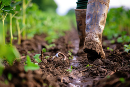 The close up picture of the farmer is walking inside the farm while wearing the dirty boots, the farmer require skill like soil knowledge, farm management, weather monitoring and the marketing. AIG43.の素材