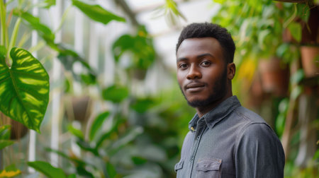 The picture of the african american male young entrepreneur is standing inside greenhouse, the entrepreneur require skill like creativity, leadership, financial management, sales and marketing. AIG43.の素材