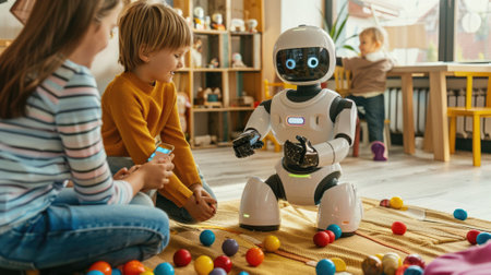 The picture of the robot is staying inside the classroom that has been filled with the children to give advice and assistant for helping the kids, assistant robot is useful for helping human. AIG43.の素材