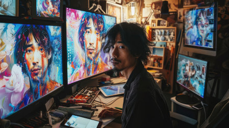 The picture of the digital artist is working inside his workshop that has surrounded with computer monitor, the digital artist require skill like creativity, experience and drawing technique. AIG43.の素材