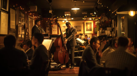 An evening at a jazz club, musicians in mid-performance, intimate lighting, audience engagement, capturing the essence of live music. Resplendent.の素材