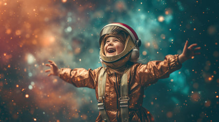 The side view of the picture that has the child flying into the bright sky with the aviator costume and the pair of goggles under the bright light of the bright sun with the happy smile face. AIGX03.の素材