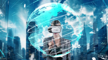 Businesswoman sliding and pointing circle finance data world shape monitor through by VR glasses global market interface digital infographic network technology visual hologram animation. Contraption.の写真素材