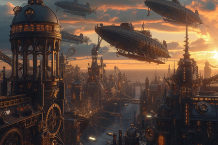 Fantasy steampunk airships float amongst clouds against a dramatic sunset backdrop, evoking adventure and exploration. Resplendent.の素材