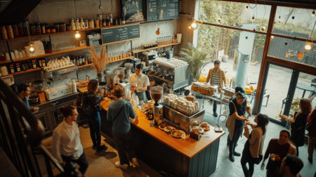 The hustle of a busy coffee shop with patrons enjoying their drinks and baristas crafting coffee, creating a lively community space. Resplendent.の素材