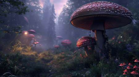 A breathtaking digital painting of a fantasy forest with towering mushrooms aglow with internal light, amidst an ethereal misty landscape. Resplendent.の素材