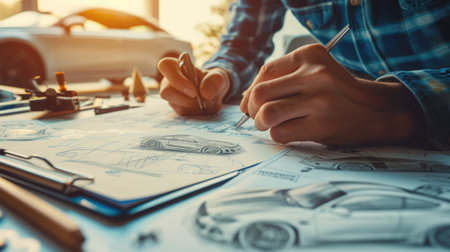 A man, using his hand and fingers, is making a gesture while drawing a car on a piece of paper, showcasing his artistic and engineering skills. AIG41の素材