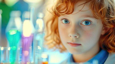 Curious smart child looking at camera while attend in science class with chemical tube. Close up portrait of young elementary student staring at camera while doing experiment at lab. Learning. AIG42.の素材
