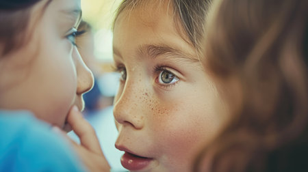 Close up photography of child whispering at classroom with blurring background. Happy elementary student chitchatting or talking or sharing secret together with diverse friend with curious. AIG42.の素材