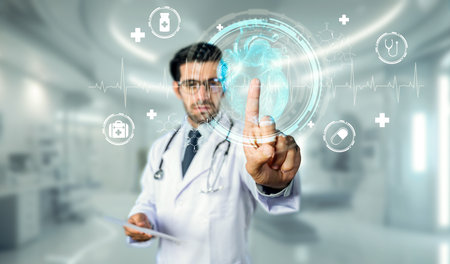 Professional doctor wearing lab coat and stethoscope while looking at hologram of human organ. Skilled researcher looking and thinking about medical theory. Innovation. Blurring background. Deviation.の写真素材