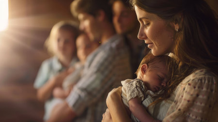 The picture of the parent is holding the newborn baby and handle with care also surrounded with family, the newborn baby require Nutrition, Care, safety, sleep, health care, love and attention. AIG43.の素材