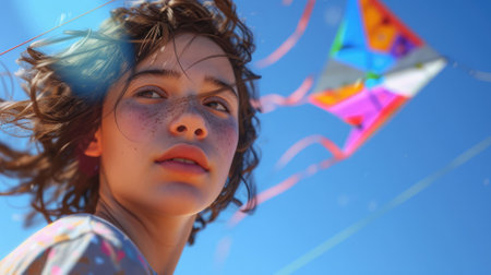 The close up picture of the person is playing the kite under the bright light from the sun of the clear blue sky that can be conveying the feeling of the happiness, freedom, playful and joyful. AIG43.の素材