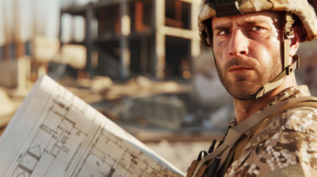 The picture of the military architect is working inside the construction site to planning to create the building structure, the architect require building knowledge and material knowledge. AIG43.の素材