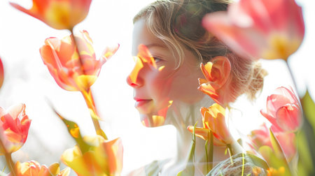 The closeup double exposure between the caucasian young girl and the beautiful vividly nature that the picture, it stands for the peaceful of the life or relaxation with the beautiful nature. AIGX01.の素材