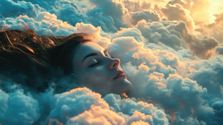 The close up picture of the caucasian female human that laying down for sleeping on the sea of the cloudscape that act like pillow that look fluffy and soft at the bright sky of the daytime. AIGX03.の素材