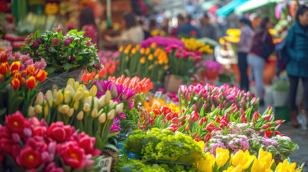A bustling flower market scene featuring an array of colorful tulips and various spring flowers, with shoppers in the background. Resplendent.の素材