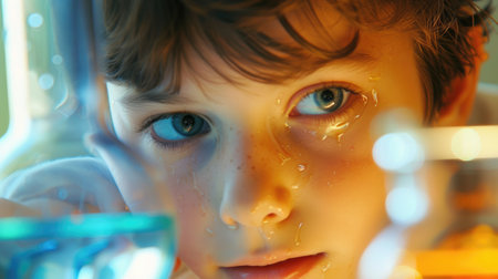 Curious smart child looking at camera while attend in science class with chemical tube. Close up portrait of young elementary student staring at camera while doing experiment at lab. Learning. AIG42.の素材