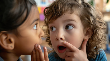 Close up photography of child whispering at classroom with blurring background. Happy elementary student chitchatting or talking or sharing secret together with diverse friend with curious. AIG42.の素材