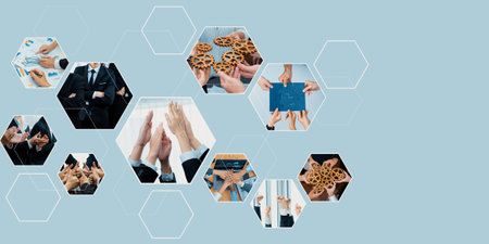 Teamwork and human resources HR management technology concept in corporate business with people group networking to support partnership, trust, teamwork and unity of coworkers in office kudosの写真素材